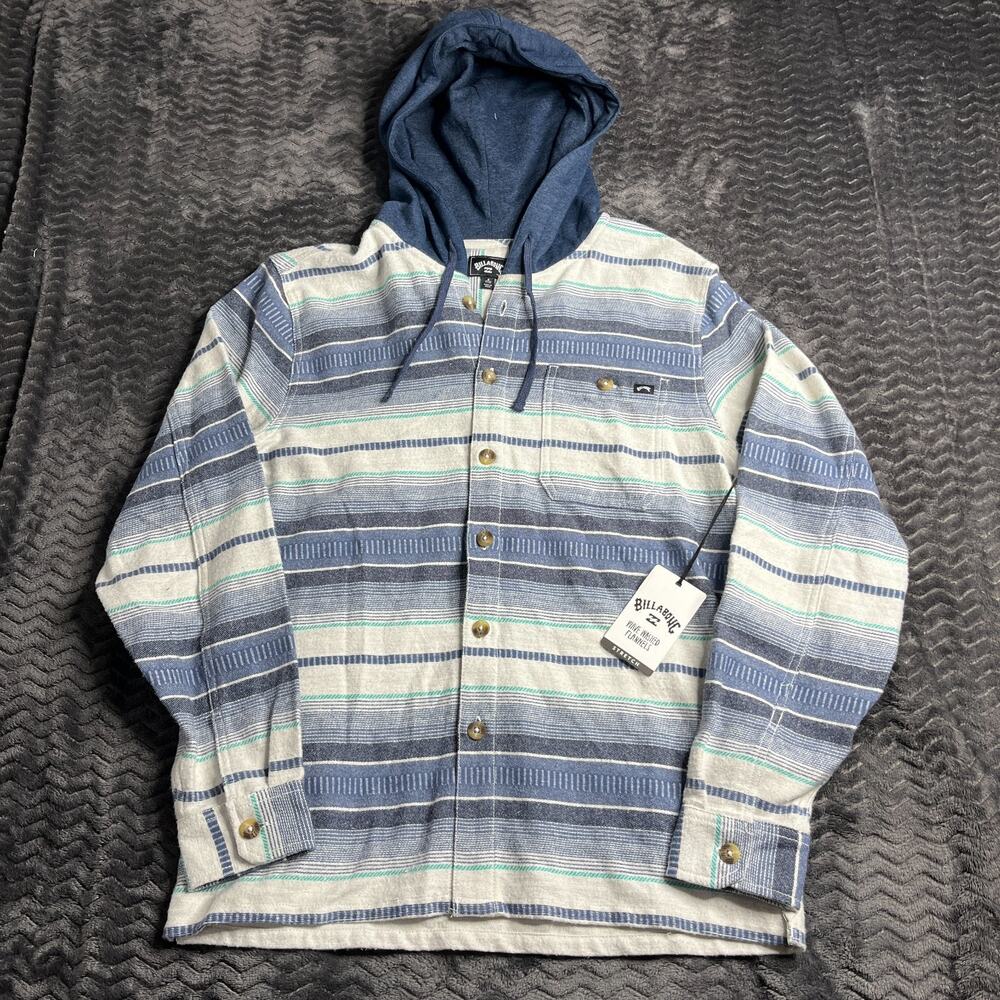 Billabong Mens Blue Striped Hooded Button Down Shirt Small Hooded Flannel NWT